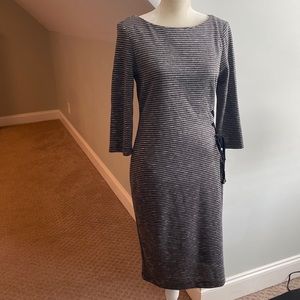 Gray & White Striped Sweater Dress With Side Adjustable Black Tie